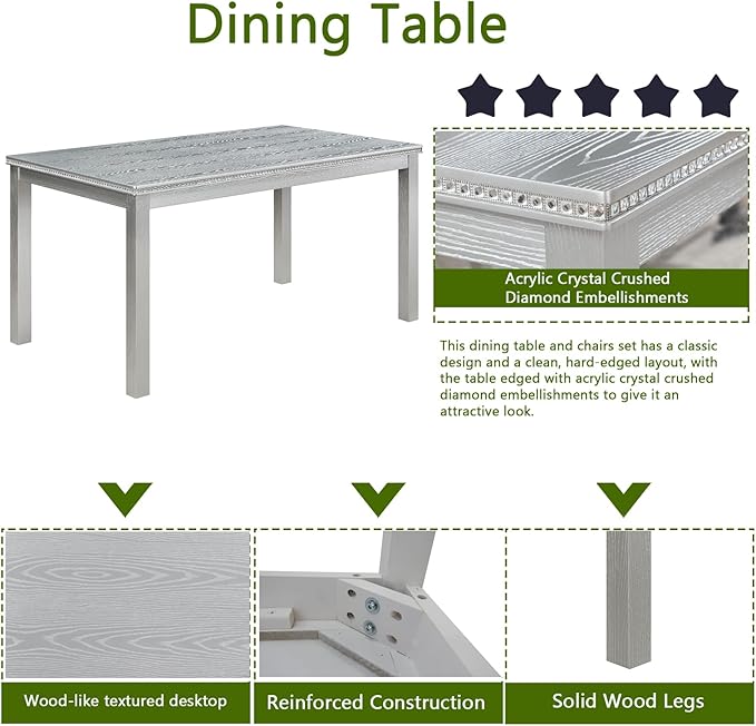 Ball & Cast 6 Piece Dining Table Set,Kitchen Table Set for 6 W/ 58.5" Rectangular Wooden Dining Table,Living Room Furniture W/ 4 Upholstered Chairs & 1 Bench,for Dining Room,Kitchen,Silver Grey