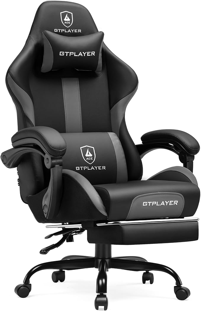 GTRACING Gaming Chair with Foot Rest & Pocket Spring Cushion, Ergonomic High Back Computer Chair with Headrest & 360°-Swivel Seat for Home Office Desk, PU Leather, Dark Gray