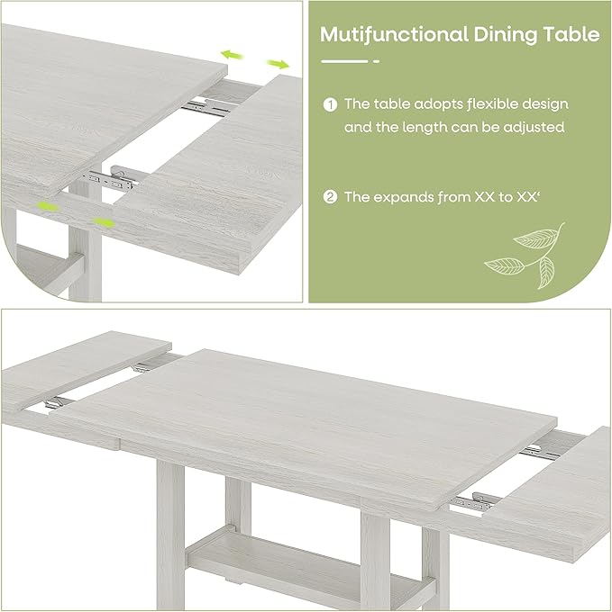 7-Piece Solid Wood Dining Table Set for 6, Extendable Table with 6 Chairs – Easy Assembly for Indoor Use, Kitchen, Dining Room, Grey