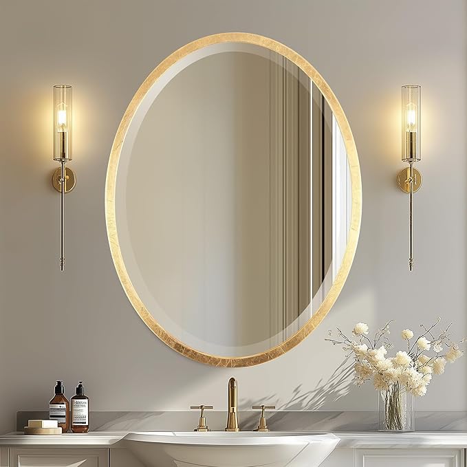 OVALCREST - Oval Wooden Beveled Wall Mirror for Home Decor, Bathroom, Vanity, Bedroom, Living Room, Hallway - London Style (Gold Leaf) 19.1 x 25.1