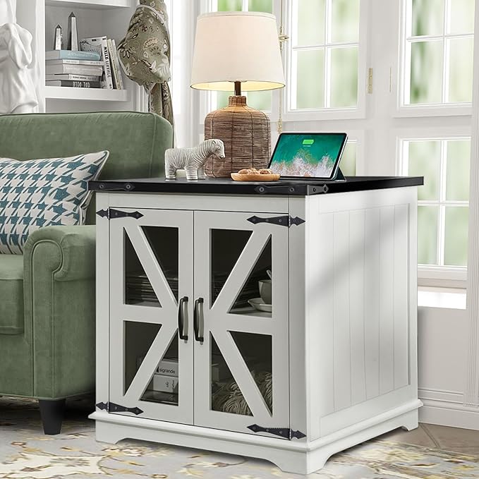 Farmhouse End Table, 24" Large End Tables with Storage, Rustic Square Sofa Beside Table with Glass Barn Door, Wood Side Table Square Nightstand for Living Room, Bedroom, Office (White)