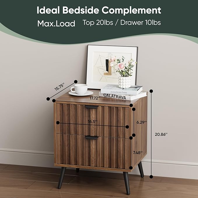 Nightstands, Walnut Fluted Night Stand, Mid Century Modern Nightstand, Bedside Table with Seamless Slatted Drawer, End Tables Bedroom with Metal Legs, Night Stand for Bedroom