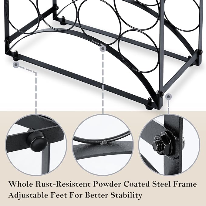 NOBLEMOOD 8 Bottles Countertop Wine Rack, Metal Tabletop Wine Bottles Holder with Top Storage Basket, Small Wine Rack Stand with Tray, Adjustable Feet for Home Kitchen Counter Dining Room