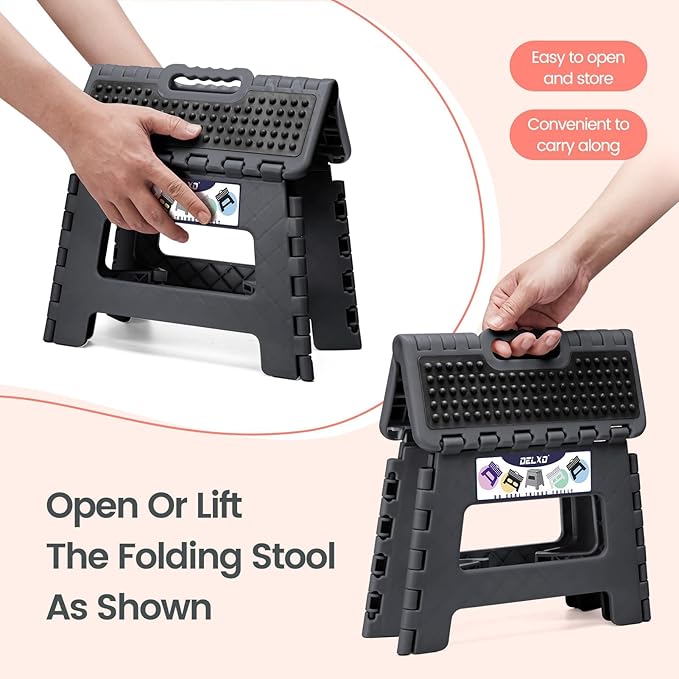 Delxo Folding Step Stool 9 Inch,Non-Slip Foldable Stools Up to 300 LBS,Kitchen Collapsible Fold Up Stepping Stool with Dotted 1 Pack,Gray