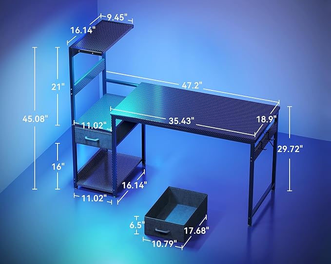 Casaottima 48 Inch Gaming Desk with Storage & LED Lights, Reversible Computer Desk with Display Shelves & Fabric Drawer, Modern Gamer Desk Table with Side Headphone Hook, Carbon Fiber Black