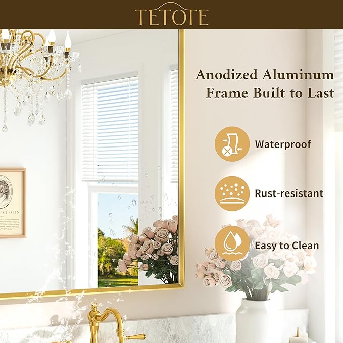 TETOTE Brushed Gold Mirror for Bathroom Sink 24" x 36" Beveled Frame Brushed Gold Brass Vanity Rectangle Mirror for Bathroom Wall, Modern Farmhouse, Tempered Glass, Stronger Frame