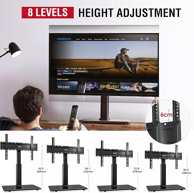 Swivel Universal TV Stand for 32-75 inch TVs with Tilt Down/Up, 8 Levels Height Adjustable Table Top TV Mount Stand with Stable Heavy Duty Tempered Glass Base, MAX VESA 600x400 mm, up to 99lbs, Black