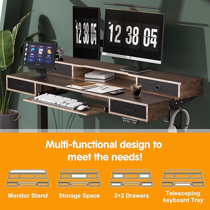 Electric Standing Desk, 55" Standing Desk Adjustable Height, Adjustable Desk with 4 Drawers, Ergonomic Adjustable Sit Stand Desk with Keyboard Tray, Rustic Brown