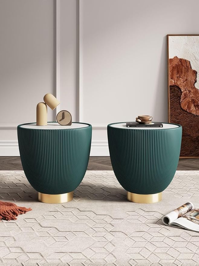 Manhattan Comfort Anderson Modern 18" Round End Table 2.0 | Ceramic Marble Tabletop, Elegant Pleated Leatherette Design & Gold Stainless Steel Base, Fully Assembled Accent Furniture, Set of 2, Green