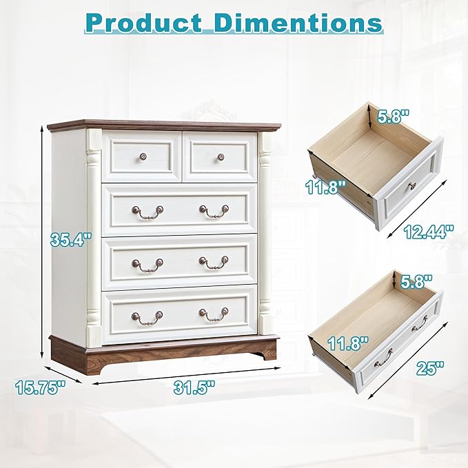 31.5" Farmhouse Sideboard Buffet Cabinet with Storage, Kitchen Buffet Storage Cabinet with 5 Drawers, Modern Wood Accent Sideboard for Living Room, Kitchen, Hallway(Antique White)