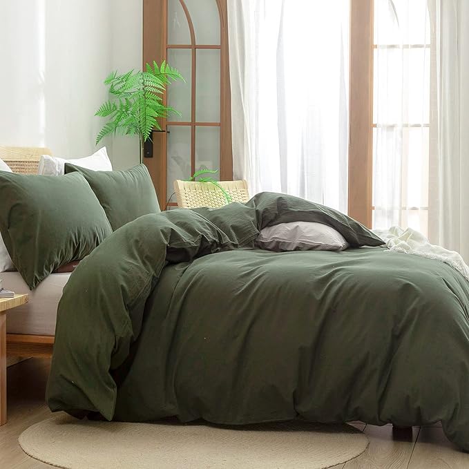 BESTOUCH Duvet Cover Set 100% Washed Cotton Linen Feel Super Soft Comfortable Chic Lightweight 3 PCs Home Bedding Set Solid Olive Green Oversized Queen