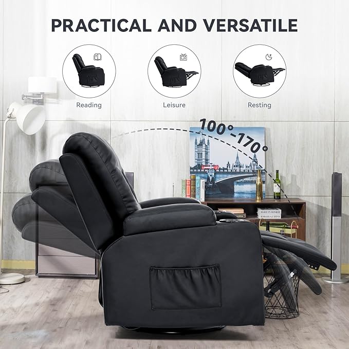 COMHOMA Furniture Bonded Leather Sofa with Massage,Cup Holder,Living Room Set Recliner Chair,3+1+1,Black