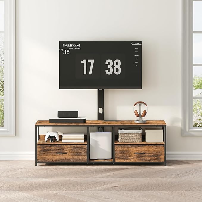 TV Stand with Mount for up to 75", Entertainment Center with Switch-Controlled Charging Station, Swivel TV Stand Mount with Fabric Drawers, for Living Room, Rustic Brown TVHR154E01N1
