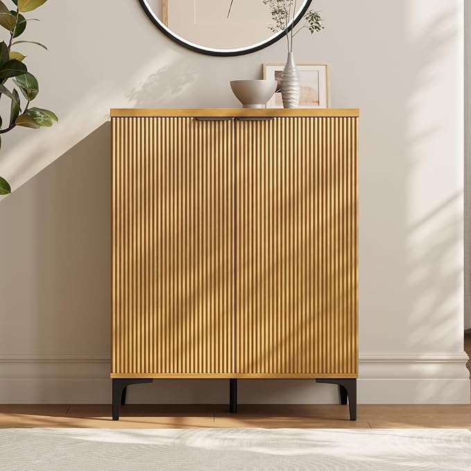 Fluted Sideboard Buffet Cabinet, 2 Doors Side Board Storage Cabinet, Buffet Cabinet with Line Groove Design,Side Board with Metal Legs and Handle, Buffet for Entryway, Natural Wood