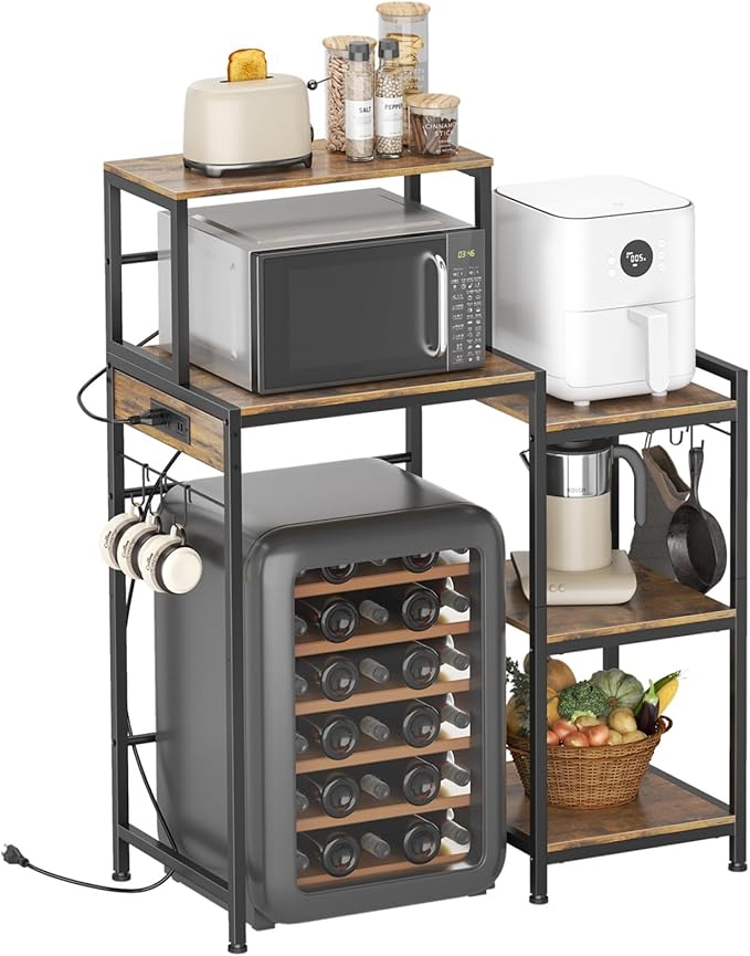 Mini Fridge Cabinet with Storage Shelves, Microwave Stand with Power Outlet, Coffee Bar Cabinet with Mini Fridge Space, Utility Storage Shelf for Home Kitchen Dorm Office