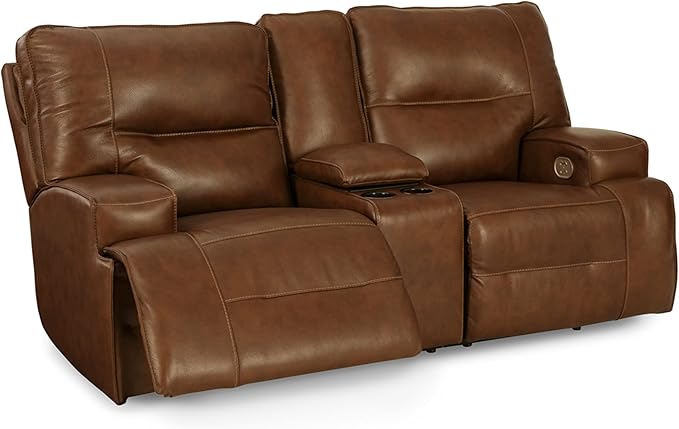 Signature Design by Ashley Francesca Modern Tufted Leather Power Reclining Loveseat with Console and Adjustable Headrest, Dark Brown