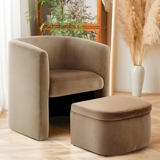COLAMY Upholstered Velvet Barrel Accent Chair with Storage Ottoman, Morden Living Room Chair with Lounge Seat for Bedroom/Reading Spaces, Khaki