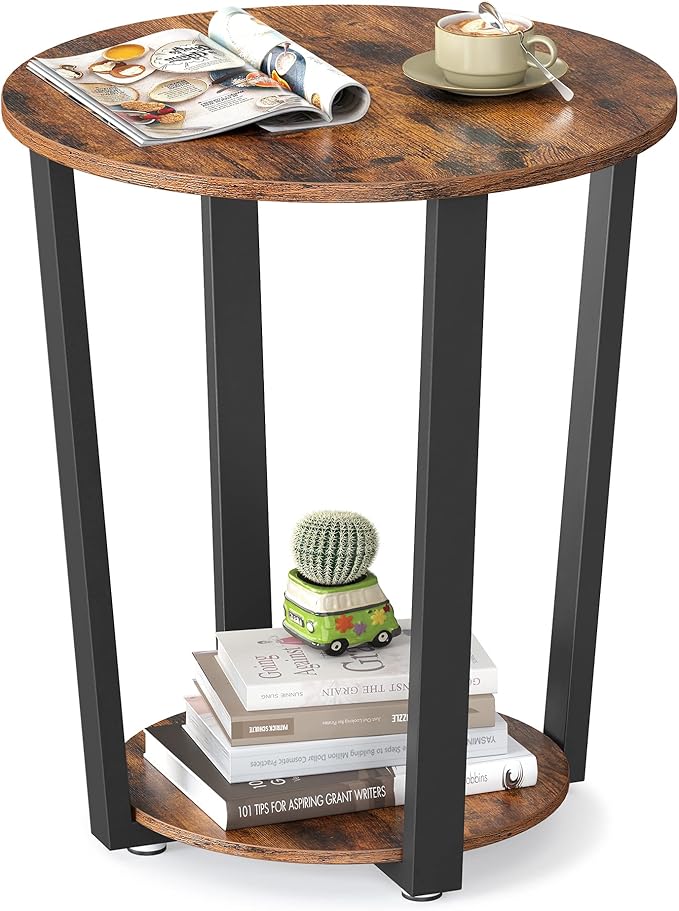 VASAGLE End Table, Round Side Table with Storage Shelf, Easy Assembly, Industrial Accent Furniture with Steel Frame, Rustic Brown and Black