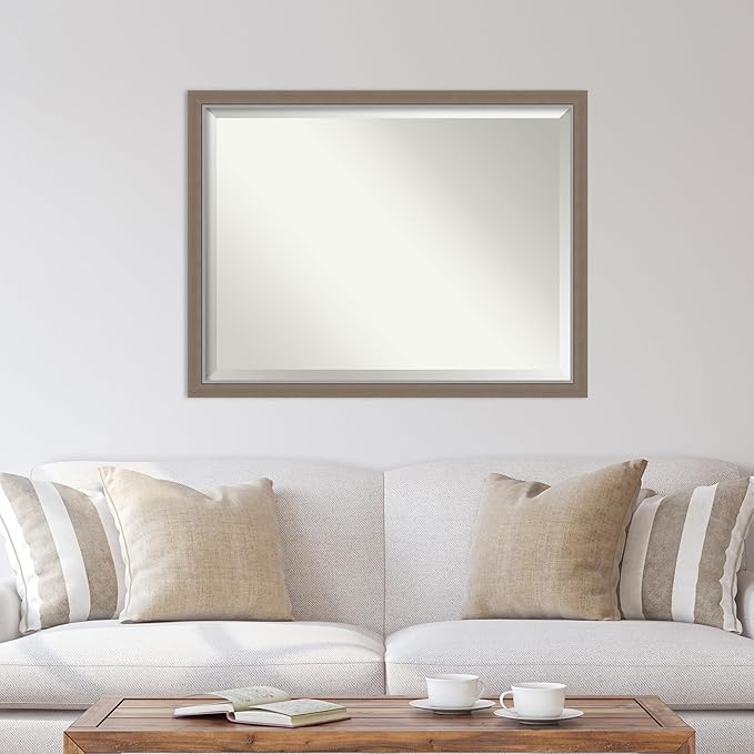 Amanti Art Brown Wall Mirror 33x43 Eva Brown Narrow Rectangle Bathroom Mirror for Wall Decor Living Room, X-Large Country Rustic Frame, Hangs Horizonally and Vertically, Bathroom Decor, Beveled Edge