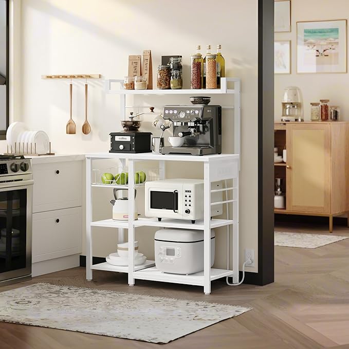 HOOBRO Bakers Rack with Power Outlet, 35.4 Inches Coffee Bar with Mesh Basket, Microwave Stand with 4 S-Shaped Hooks, Kitchen Bakers Rack with Storage, Easy to Assemble, White WT05HB01