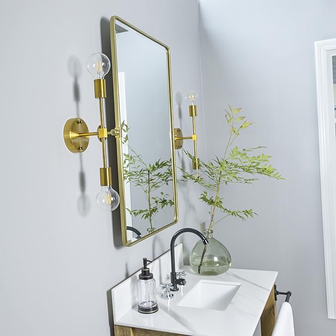 TEHOME 20x30'' Pivot Rectangle Bathroom Vanity Mirror Brushed Gold Rounded Corner Metal Framed Tilting Beveled Vanity Wall Mirrors
