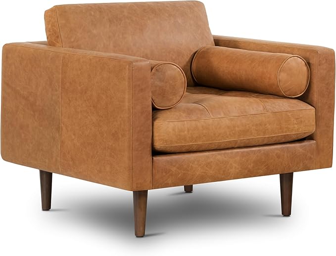 Poly & Bark Napa Lounge Chair - Leather Chair with Tufted Back - Full-Grain Living Room Armchair with Feather-Down Topper - Single Couch - Vintage Italian Leather in Cognac Tan