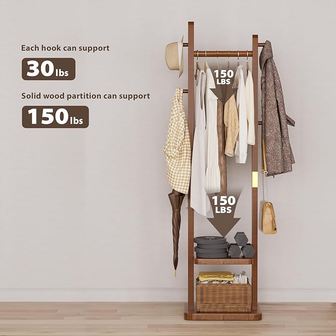 Solid Wood Coat Rack Clothes Rack, Coat Rack Freestanding with 2 Shelves and 5 Hooks, Heavy Duty Coat Tree for Entryway, Living room, Coat Hanger Stand for Hats, Bags Clothes(Walnut Brown)