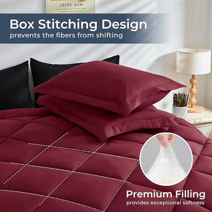 HEVUMYI Red & Black Full Comforter Set - 7-Piece All Season Bed in a Bag Full, Ultra Soft Burgundy Bedding Set with Comforter, Flat Sheet, Fitted Sheet, Pillowcases, Pillow Shams, Burgundy Red & Black