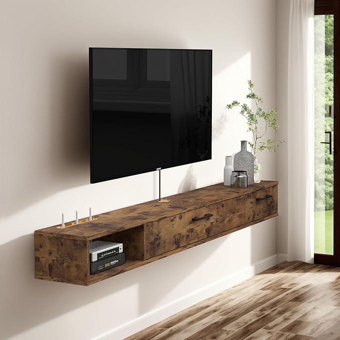 Pmnianhua Farmhouse Floating TV Stand with 2 Doors,47'' Under TV Shelf Floating,Wall Mounted TV Shelf,Rustic Floating TV Console for Under TV(Rustic Brown)