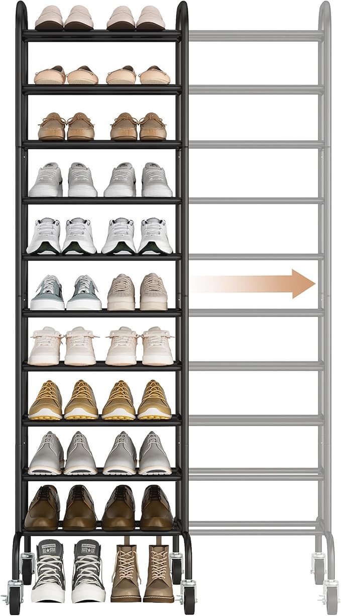 STORAGE MANIAC Expandable Shoe Rack, 44 Pairs Stackable Small Shoe Rack, Metal Adjustable Shoes Organizer for Closet, Entryway, Hallway, Garage, Front Door, Shoes Shelves, Black 10 Tier