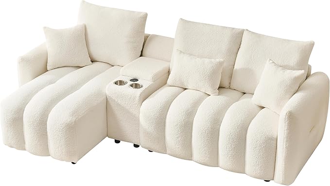 92-Inch Teddy Boucle Tufted Sofa Couch with Storage Console and Chaise Lounge, L-Shaped Left Facing Corner Sectional Sofa Couch with Cupholders, USB Ports and Golden Accent for Living Room Office