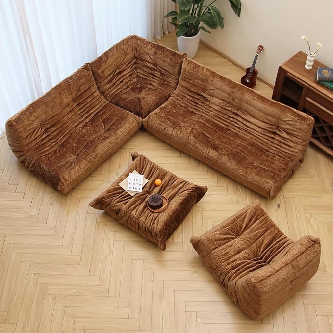 N&V Fireside Chair, Mid Century Armless Floor Sofa, Soft Premium Chenille Floor Lounge Chair, Foam Sofa Accent Chair for Living Room Bedroom and Office (Brown, Three Seater)