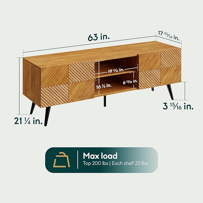 Bme Rhombus Wooden TV Stand with Storage Cabinets – Solid Acacia Wood, Geometric Rhombus Pattern Doors, Scandinavian Modern Entertainment Console with Metal Base
