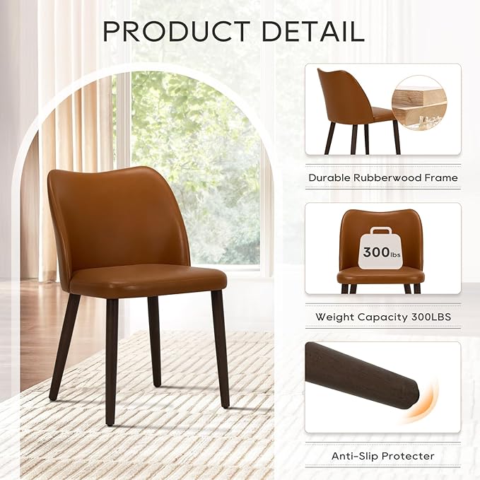 COLAMY Upholstered Dining Chairs Set of 4, Modern PU Leather Dining Room Kitchen Side Chair with Padded Seat and Wood Legs Restaurant/Cafe,Light Brown