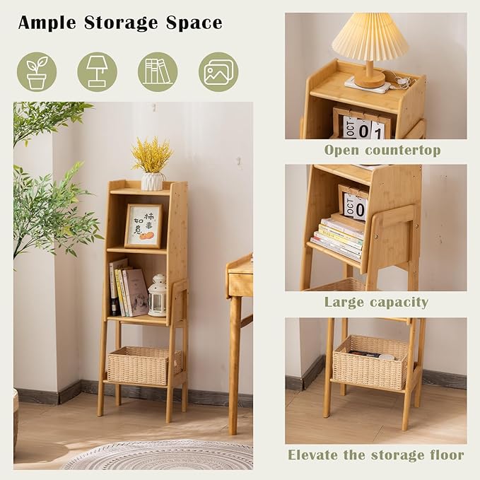3 Tier Bamboo Bookcase, Classical Modern Bookshelf, Dispaly Shelves, Bamboo Wood Organizer Book Shelf for Living Room Home Office-Natural, Medium