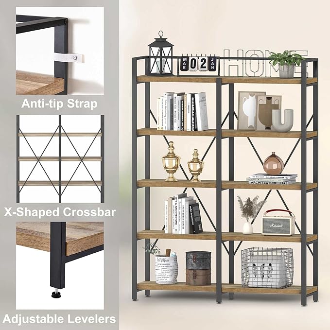 FATORRI Bookshelf, 5 Tier Industrial, Tall Etagere Bookcase, Rustic Wood and Metal Book Shelf with Large Open Shelving Unit for Home Office Living Room (Rustic Oak, 51 Inch Wide)