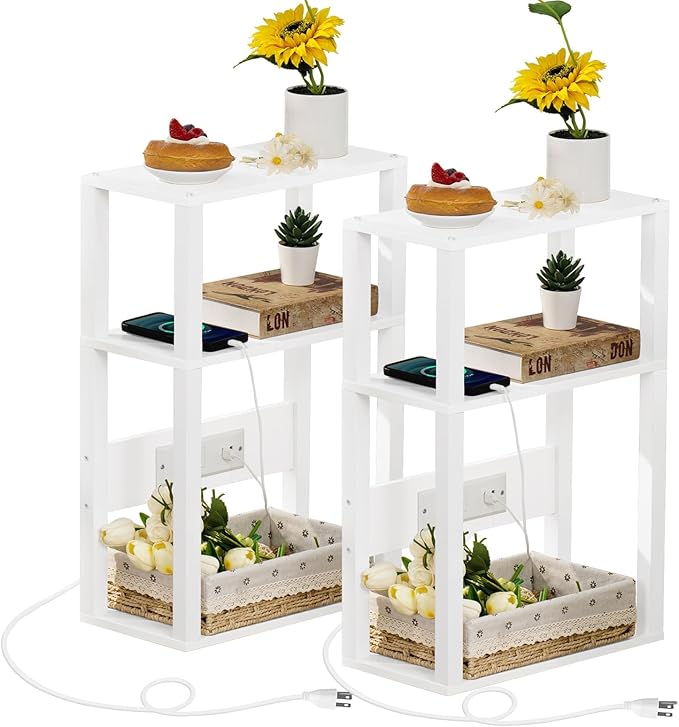 3-Tier Small Narrow Wood Side Table Set of 2 with Charging Station - Skinny Nightstand for Small Spaces, Slim Bedside Table with USB Ports and Outlets - Thin End Table with Storage, White