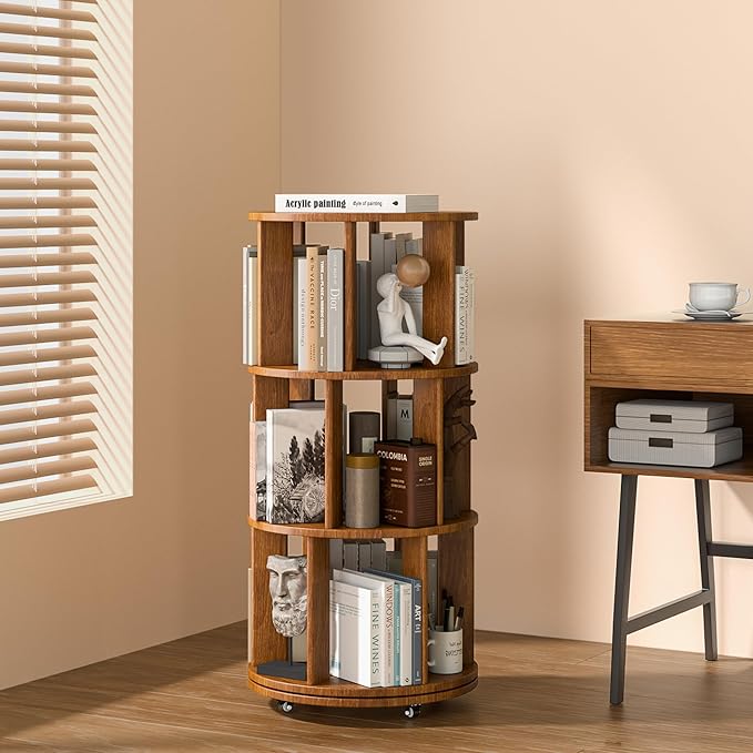 3 Tier Rotating Bookshelf Tower Spinning Bookshelf with Swivel Wheels Book Shelf Rotating Storage Tower for Kids Adult Narrow Walnut Solid Wood Revolving Bookcase Organizer for Bedroom Living Room