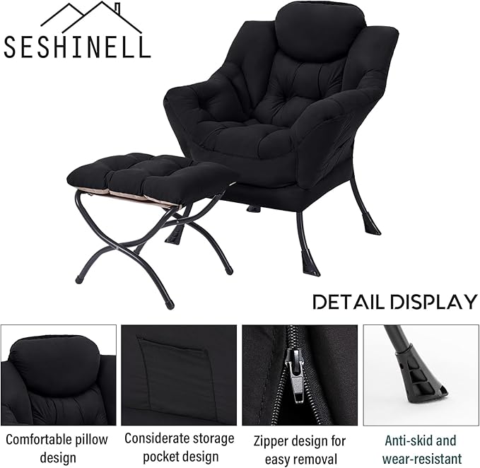 Lazy Chair with Ottoman, Modern Accent Chair Contemporary Lounge Leisure Sofa Chair with Armrests, Reading Chair and Folding Footstool Set for Living Room, Bedroom, Office, Black
