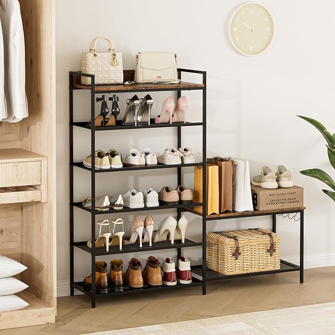 Shoe Rack Bench Storage Organizer for entryway,6-Tier Industrial Free Standing Shoe and Boot Racks with Seat,Entrance Shoe Rack Organizer Shelves for High Heels,Hallways, Closets,Brown,48.7in