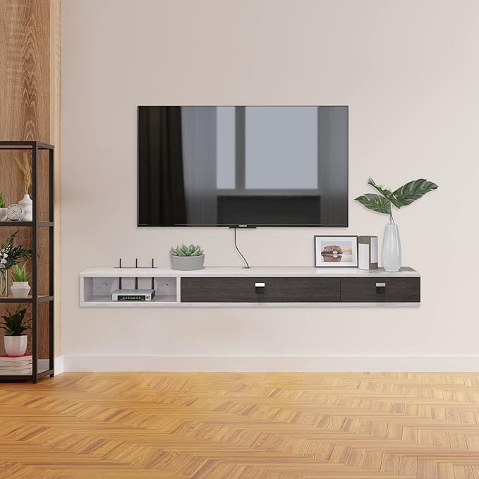 Pmnianhua Floating TV Shelf,63'' Wall Mounted Floating TV Stand,Floating Media Console,Wall TV Console,Under TV Entertainment Shelf with 2 Doors for TVs up to 70''(Greyish-White)