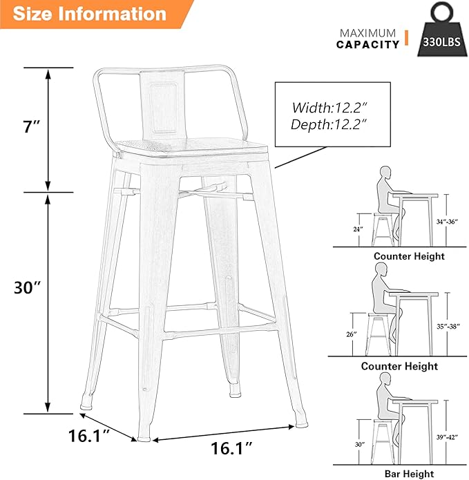 Yongchuang 30 inch Bar Stools Set of 4 Bar Height Metal Barstools with Wood Seat Distressed White Low Back Kitchen Bar Chairs