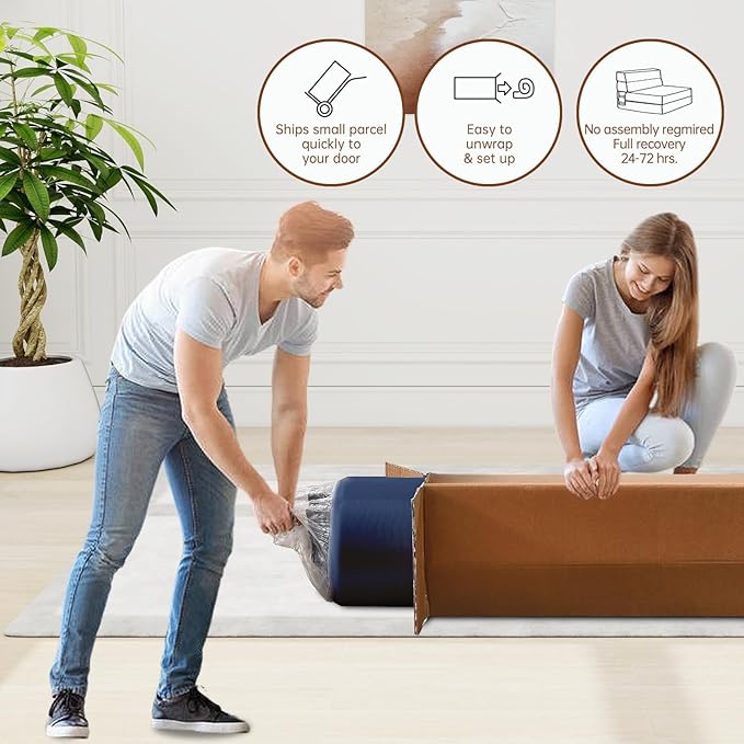 60 Inch Folding Sofa Couch Memory Foam with Pillow Convertible Sleeper Mattress Futon Lazy for Living Room，Washable Cover，Queen Size，Dark Blue