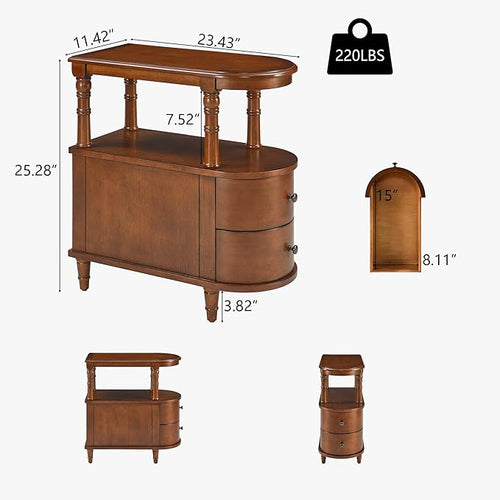 2 Set of Wood End Table with 2 Drawers and Storage Shelf, Narrow Sofa Side Table for Living Room, Vintage Slim Nightstand Bedside Table for Bedroom, Slim Chair Side Table Cherry Brown A508MG