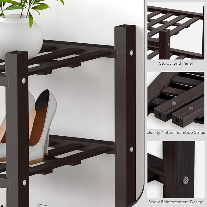 Haddockway small 3 Tier Bamboo Shoe Rack Storage Organizer, Multifunctional Free Standing Stackable Shoe Shelf with Grid Panel for Closet,Hallway,Entryway,Small Space 18"x11"x17"(Brown, 3-Tier(Small))