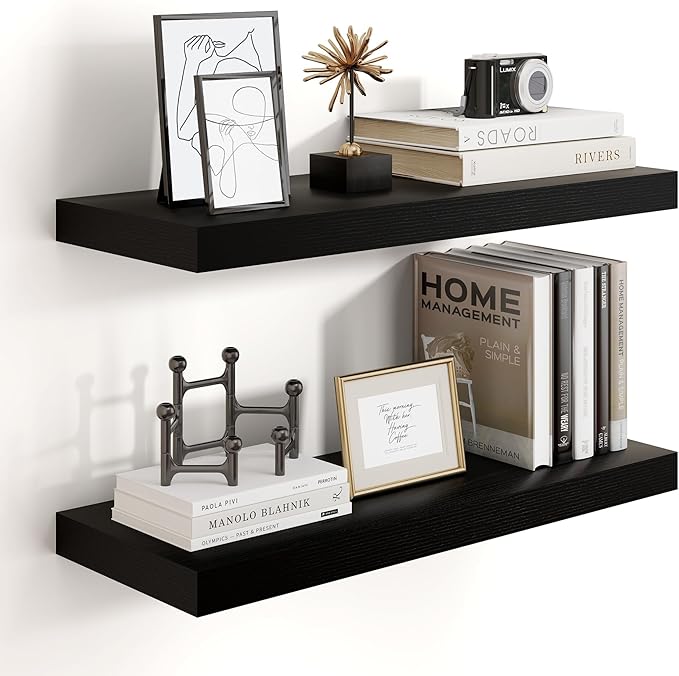 Heimlove 24 inch Floating Shelves for Wall,9.3 inch deep Black Wood Shelves with Invisible Brackets,Wall Mounted Storage & Display Shelves for Bedroom,Living Room,Set of 2