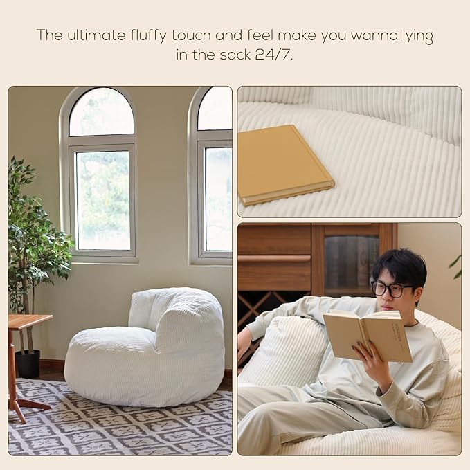 N&V Large Crescent Bean Bag Chair, Adult Size Bean Bag Sack, Foam Filling, Soft Premium Corduroy Bean Bag for Living Room Bedroom Dorm and Office (Lavender)