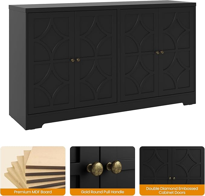 Sideboard Buffet with 4 Doors, Mid-Century Sideboard Cabinet with Adjustable Shelves, Accent Cabinet for Entryway, Living Room, Dining Room, Black