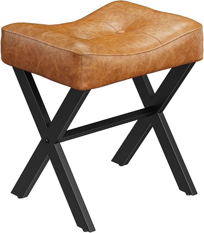 18-Inch Leather Vanity Stool Chair, Vanity Bench with Metal X-Leg, Ottoman Foot Stool with Thick Padded Saddle Seat, Brown