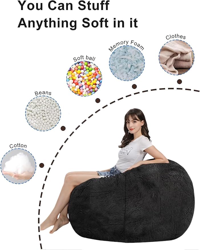 Bean Bag Chair for Adults Kids Without Filling Comfy Fluffy Oversized Round Beanbag Chair Lazy Sofa Cover for Reading Chair Floor Chair, 3.5FT, Brown
